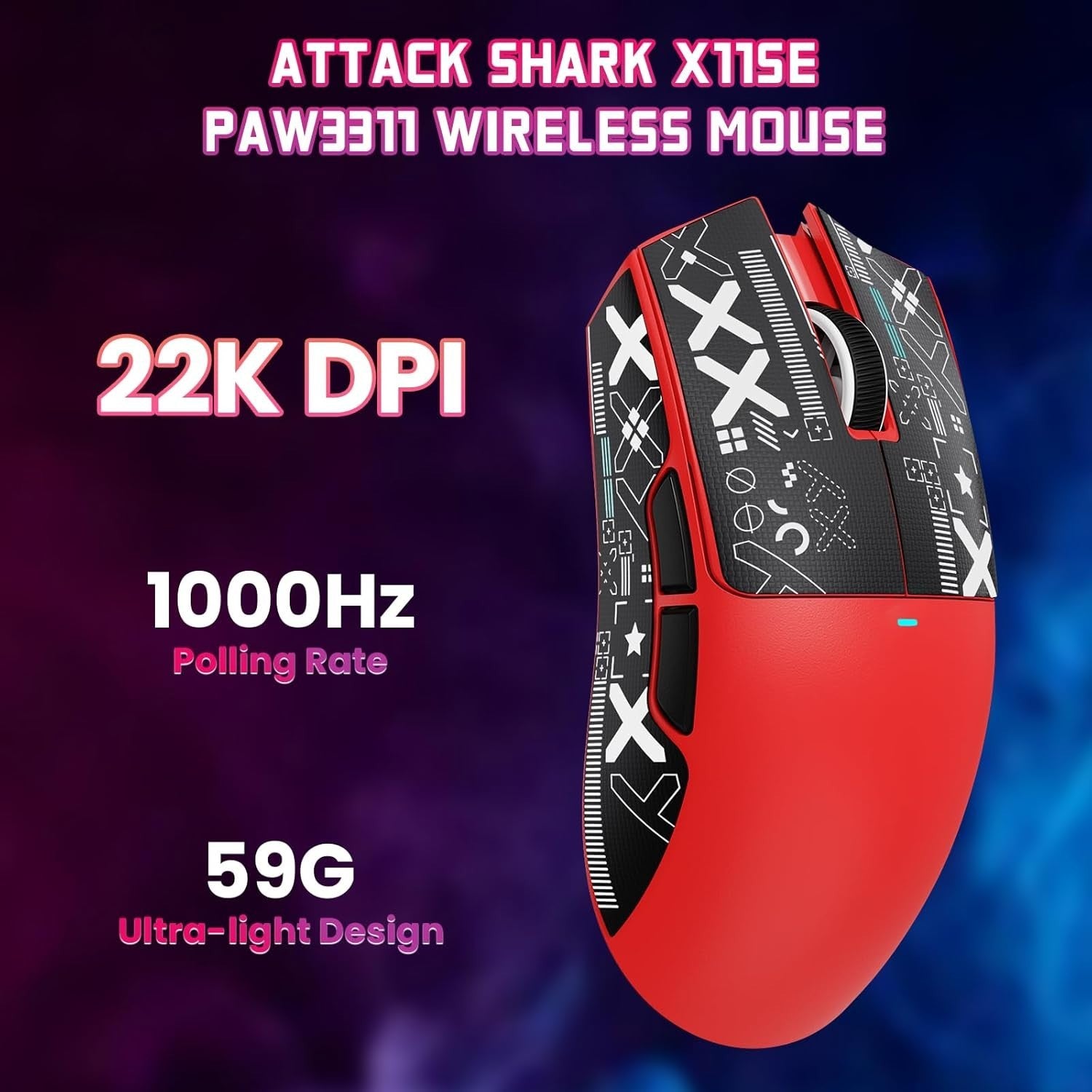 Wireless Gaming Mouse 22000 DPI 65H BT 2.4G USB Red Grip