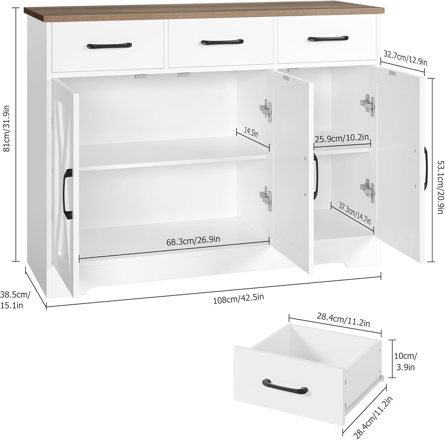 Modern Sideboard Cabinet White Brown – 3 Drawers 3 Doors, 108.5cm Storage