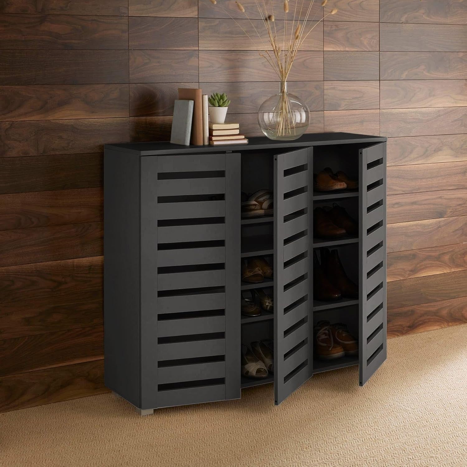 3-Door Wooden Shoe Cabinet with 8 Shelves, 114x33.6x98.2 cm Black