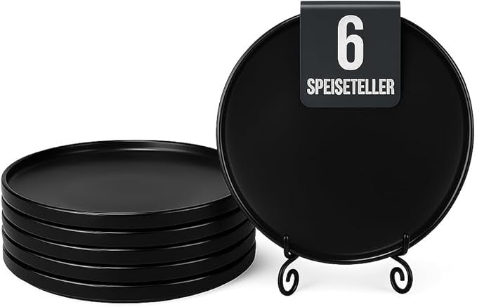 6pc Black Ceramic Dinner Plates 25cm Matte Glaze Microwave Dishwasher Safe