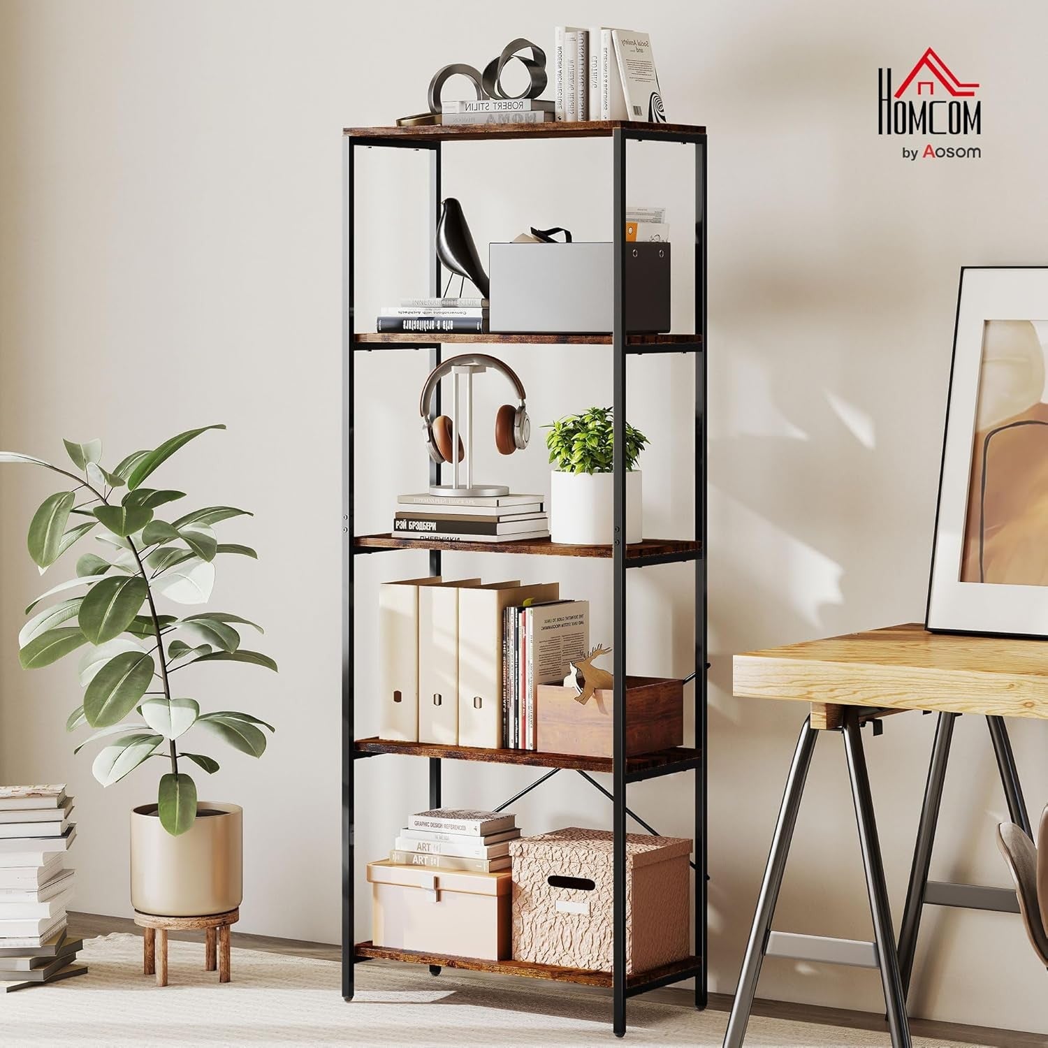 Rustic Brown & Black 5-Tier Industrial Bookcase Tall Metal Frame Display Shelf