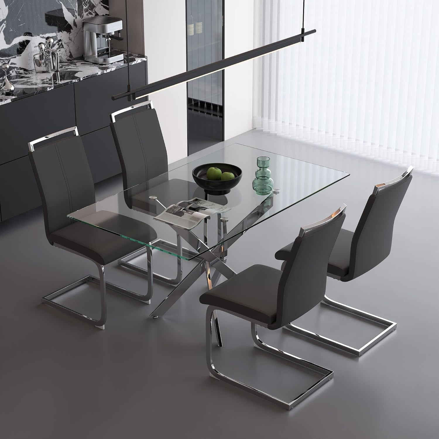 Modern Rectangular Glass Dining Table Set with 4 Comfortable PVC Chairs