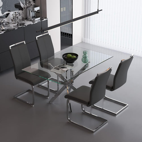 Modern Rectangular Glass Dining Table Set with 4 Comfortable PVC Chairs
