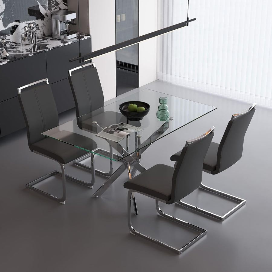 Modern Rectangular Glass Dining Table Set with 4 Comfortable PVC Chairs