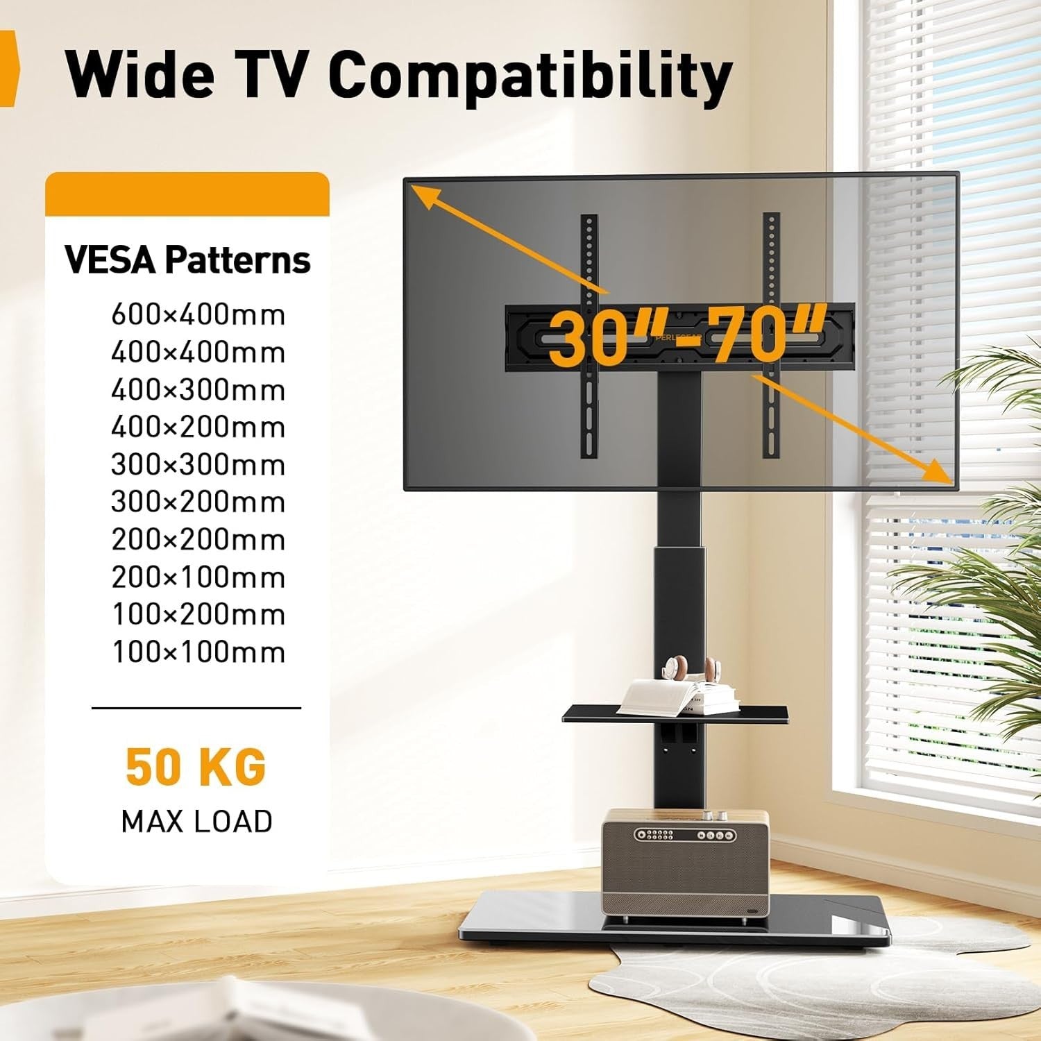 Adjustable TV Floor Stand 30-70” Tilt Swivel Max 50kg VESA 600x400mm Shelf