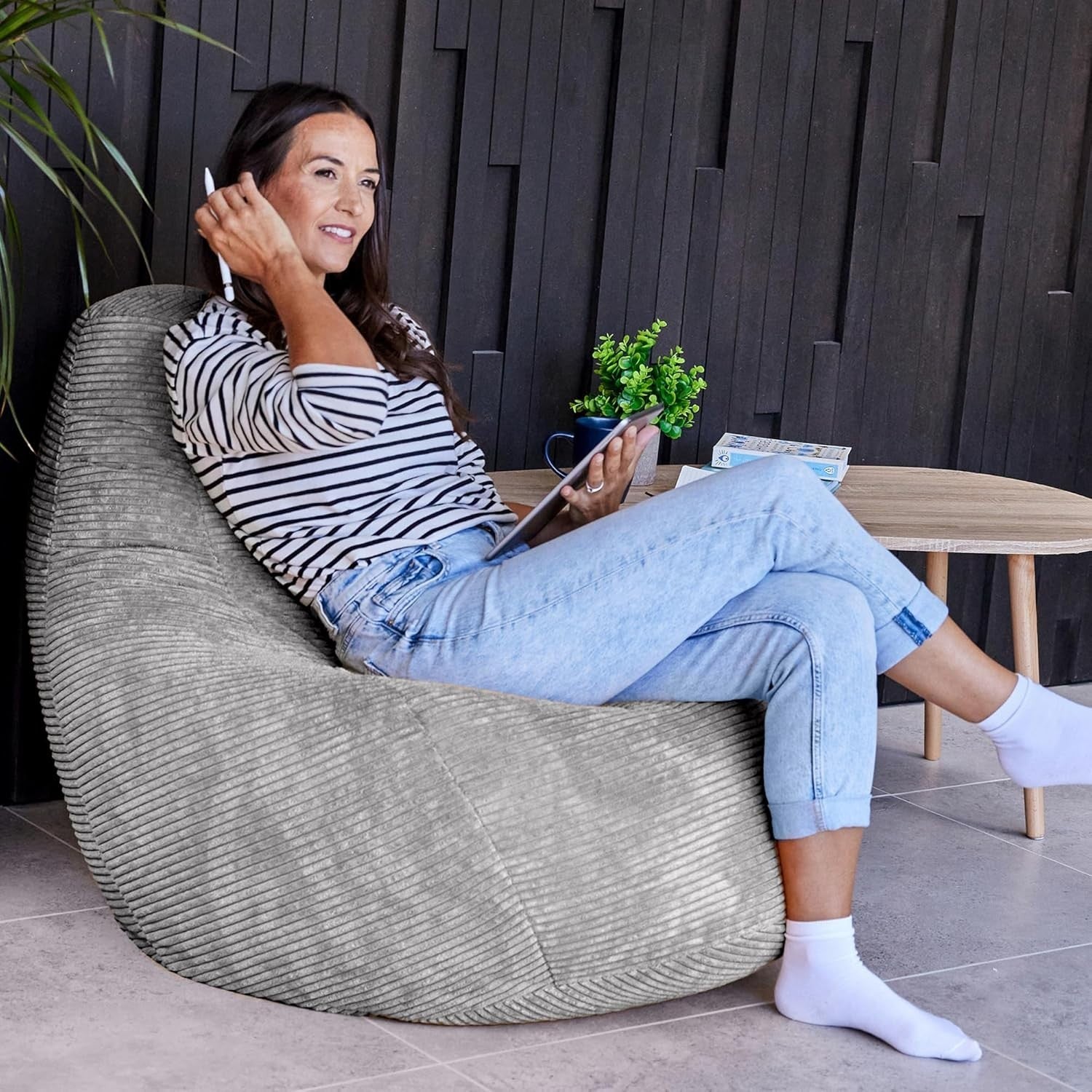 Grey Cord Recliner Bean Bag Chair Adult Lounge Seat Soft Comfy Armchair