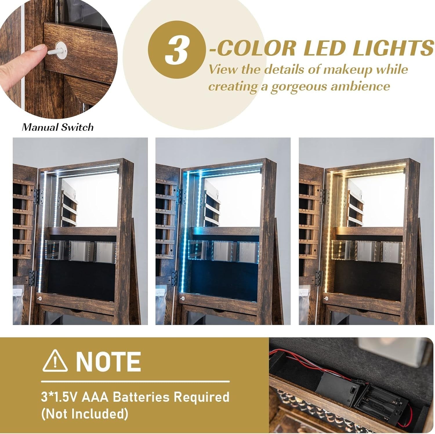 360° Swivel Jewelry Armoire Lockable Full Length Mirror LED Storage Rustic
