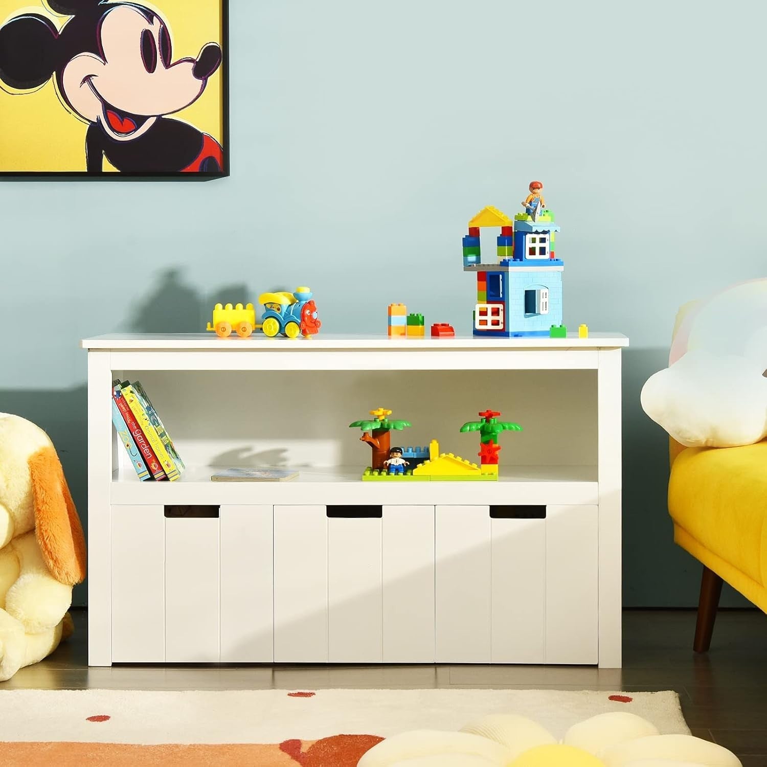Kids Toy Storage Cabinet with Drawers & Shelf, Durable Wood, 102x33x62cm