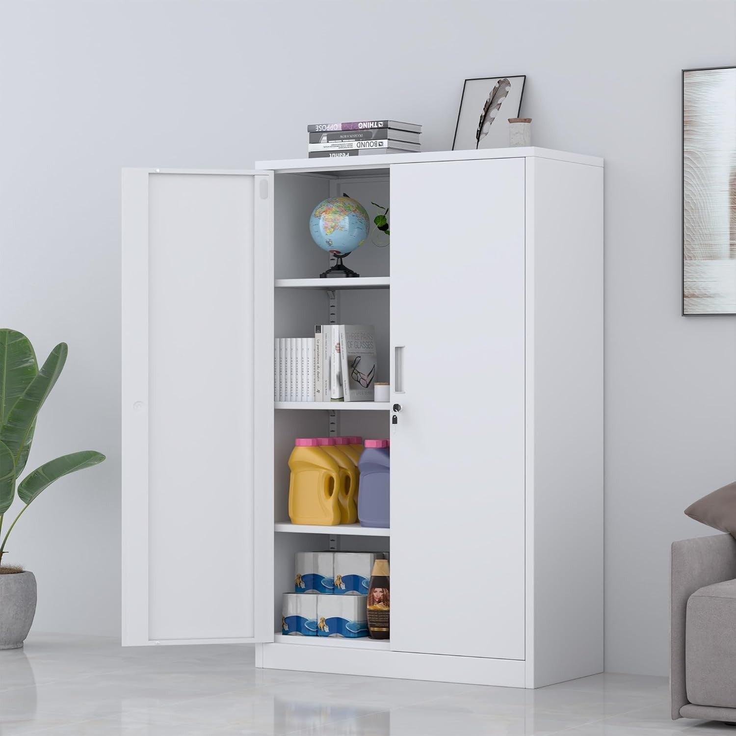 Tall Metal Storage Cabinet Lockable 3 Shelf Office Garage Cupboard