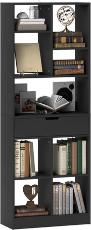 Tall Black Bookcase with Drawer & Open Shelves – Modern Freestanding Storage
