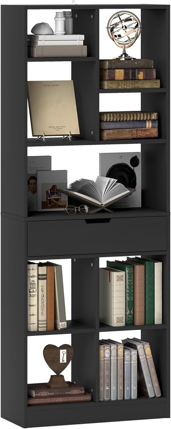 Tall Black Bookcase with Drawer & Open Shelves – Modern Freestanding Storage