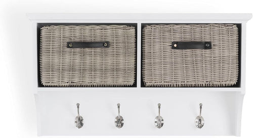 White Wall Mounted Coat Rack with Grey Baskets Hallway Storage Shelf Hooks