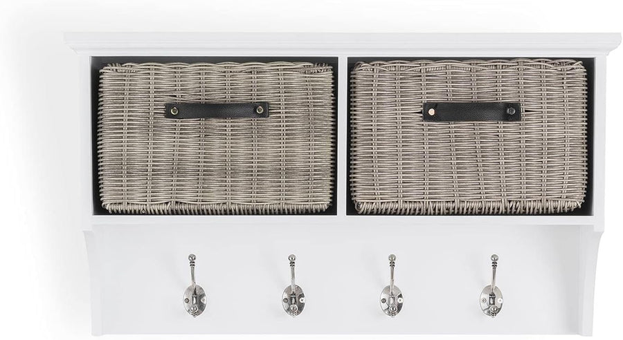 White Wall Mounted Coat Rack with Grey Baskets Hallway Storage Shelf Hooks