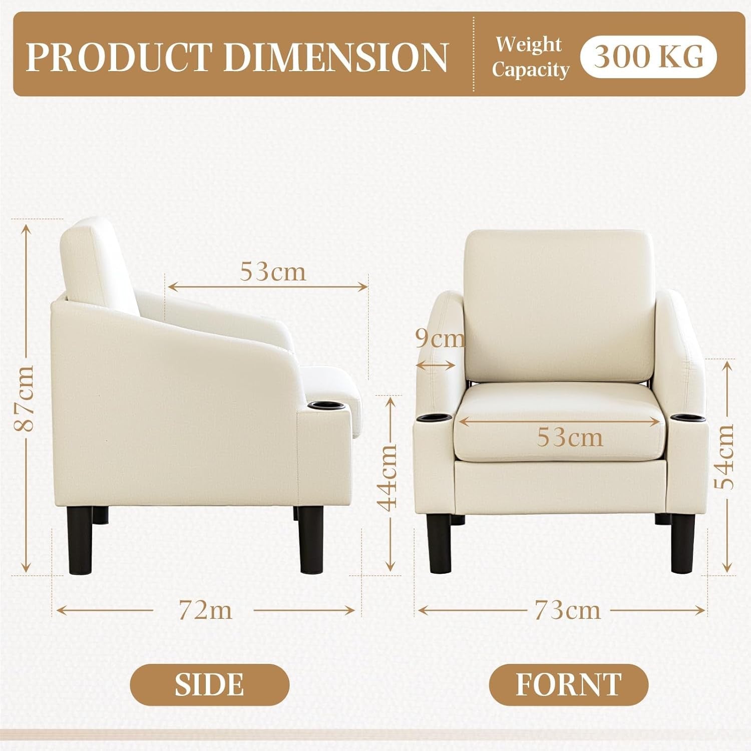 Beige Fabric Accent Armchair with Cup Holders – Comfy Living Room Seat