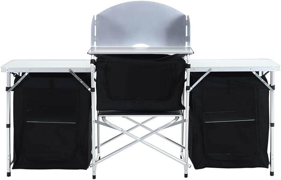 Outdoor Camping Kitchen Cupboard with 5 Shelves & Windshield Stove Table