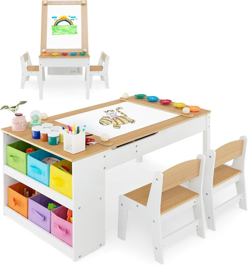 Kids Art Table & Chairs Set with Storage, Paper Roller & Cups – 109cm