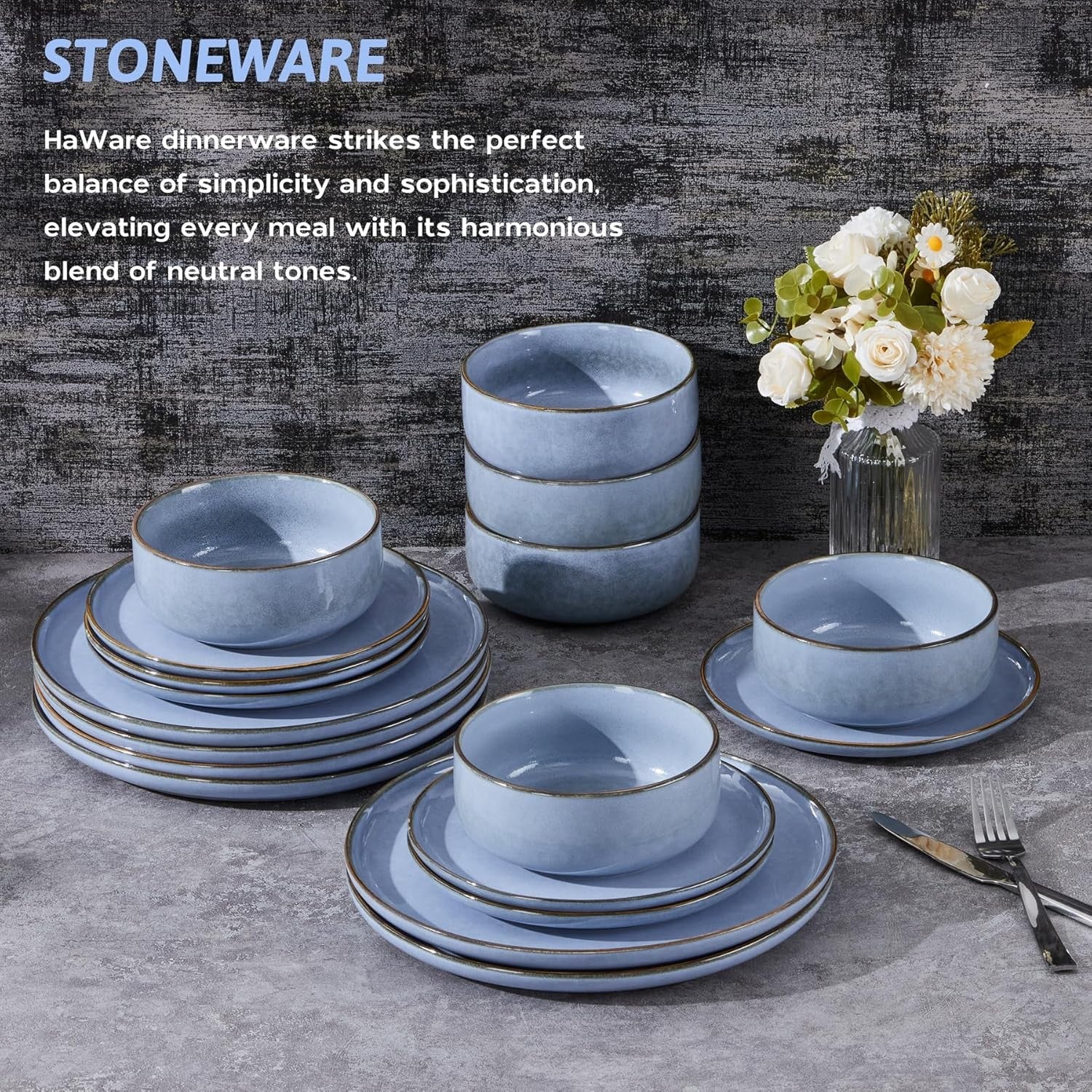 18pc Stoneware Dinner Set for 6 Blue Plates Bowls Microwave Safe