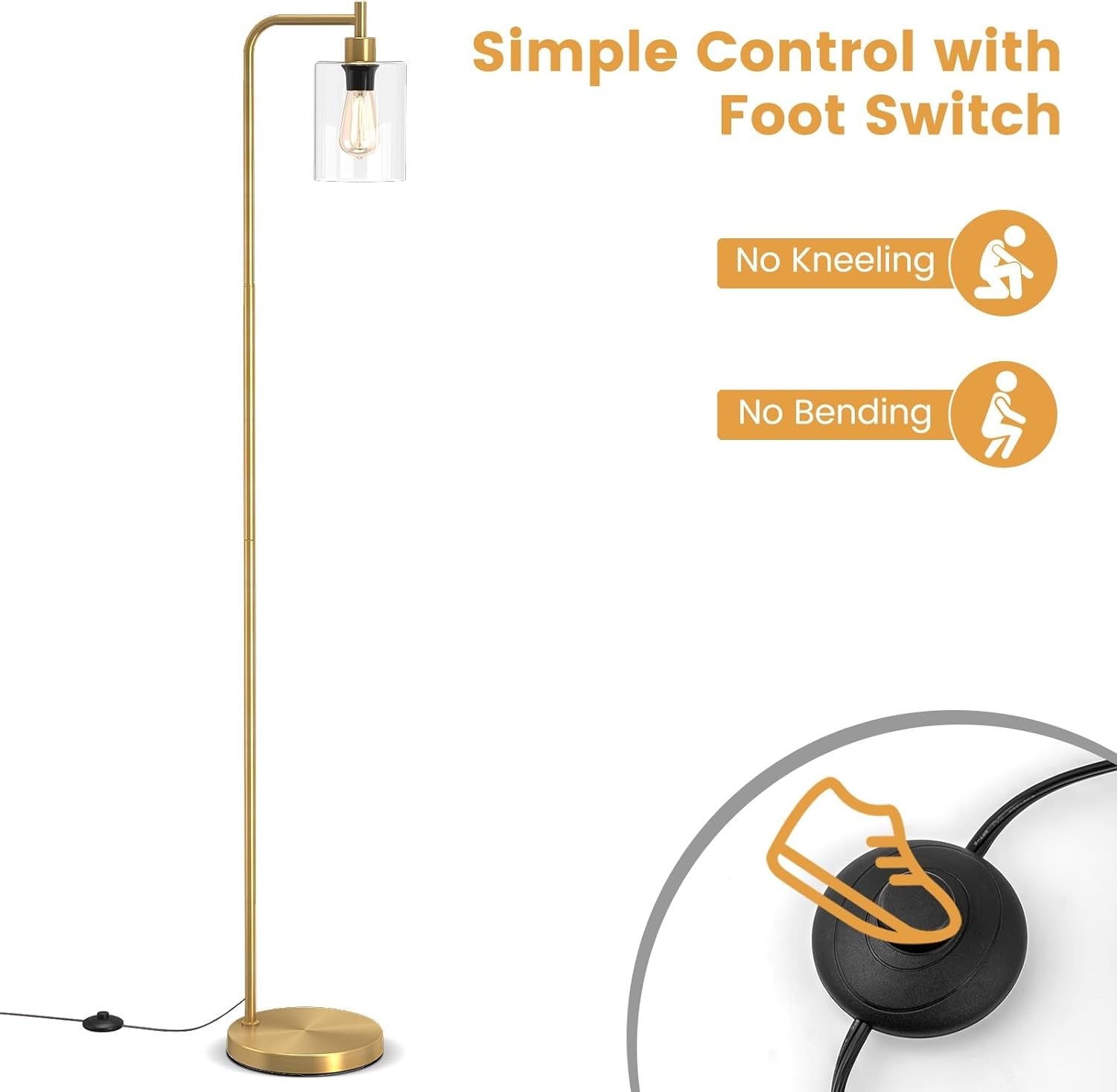 Industrial Floor Lamp Gold Glass Shade Tall Standing Light with Foot Switch