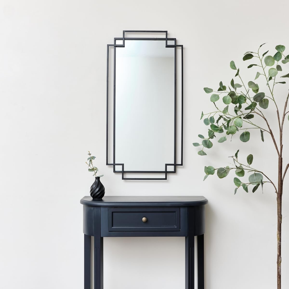Black Geometric Wall Mirror 94x48cm Modern Metal Frame for Bathroom