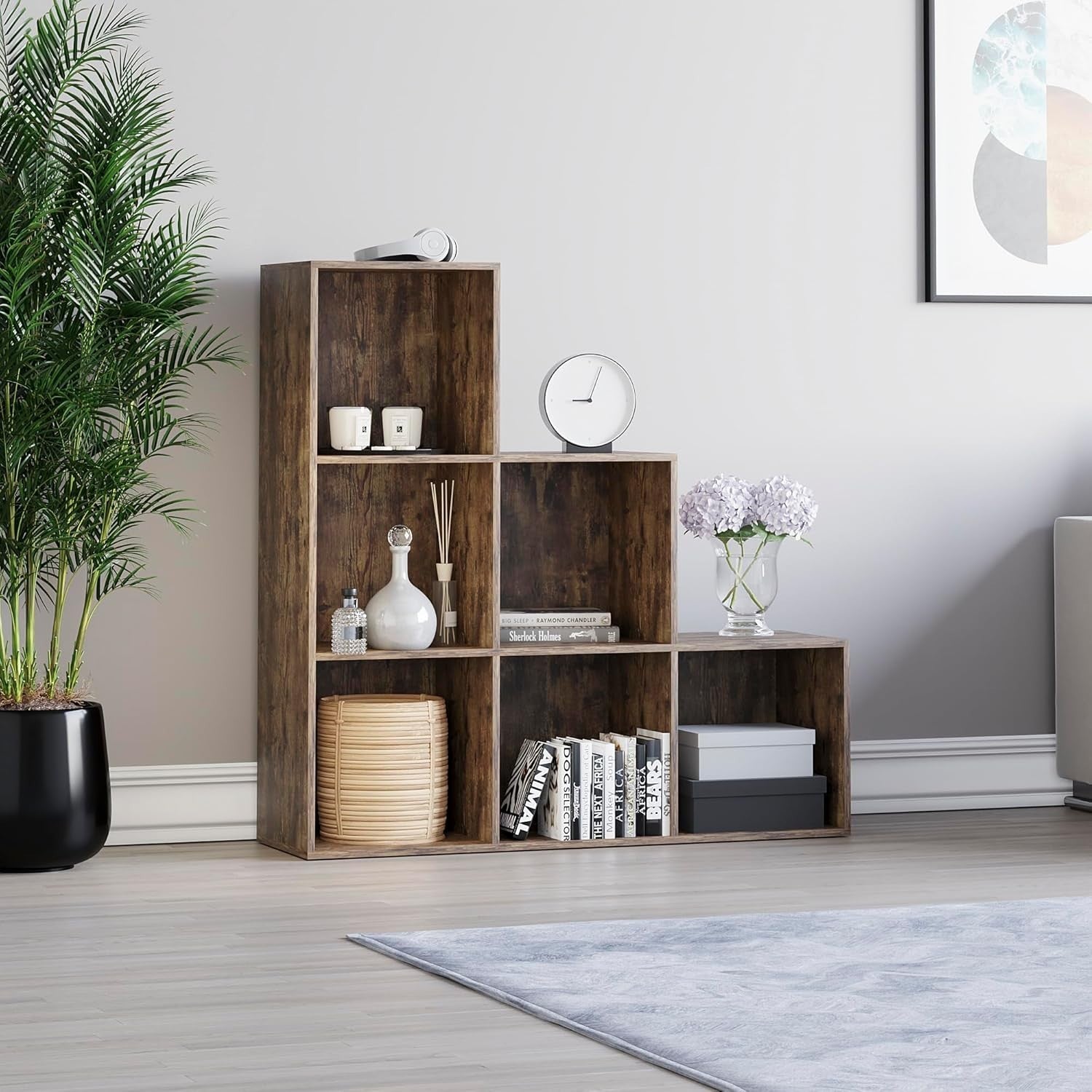 6 Cube Dark Wood Staircase Storage Shelf Modern Durable Organizer