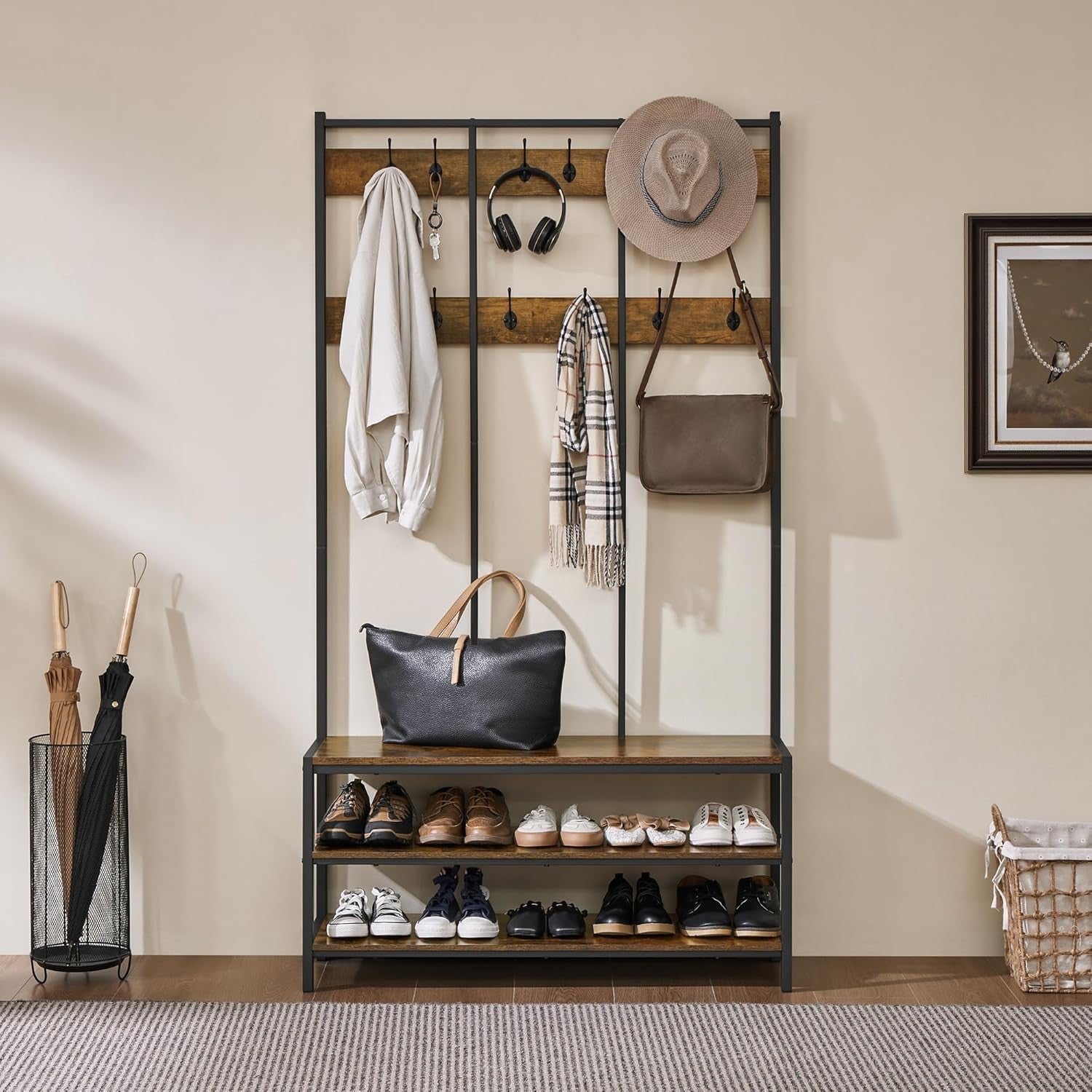 Rustic Brown Hall Tree with 24 Hooks & Shoe Bench Metal Coat Rack Stand