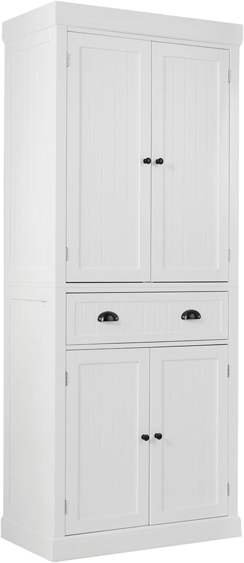 White Tall Kitchen Cupboard 4 Door Pantry Cabinet | Freestanding Sideboard
