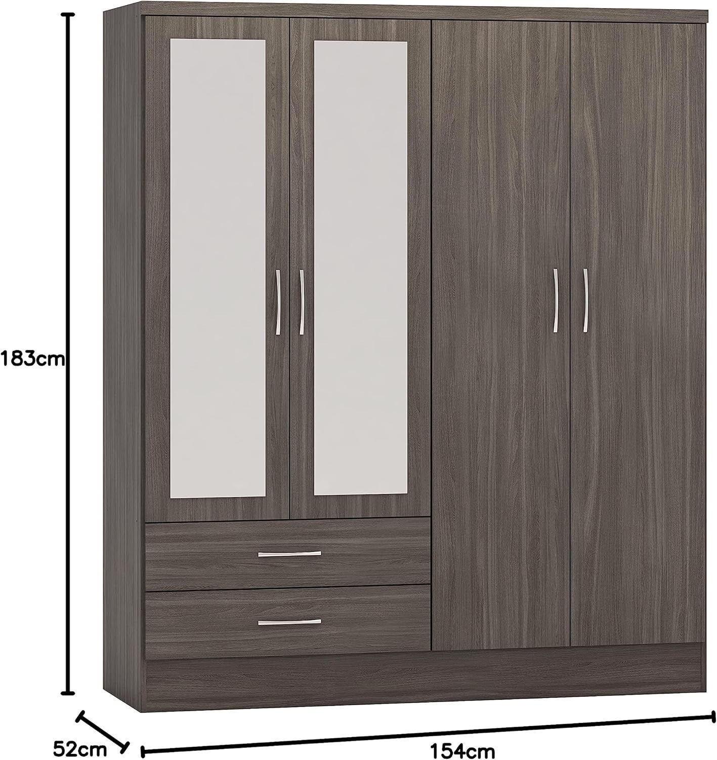 Modern 4 Door 2 Drawer Black Wood Grain Wardrobe with Mirror & Storage