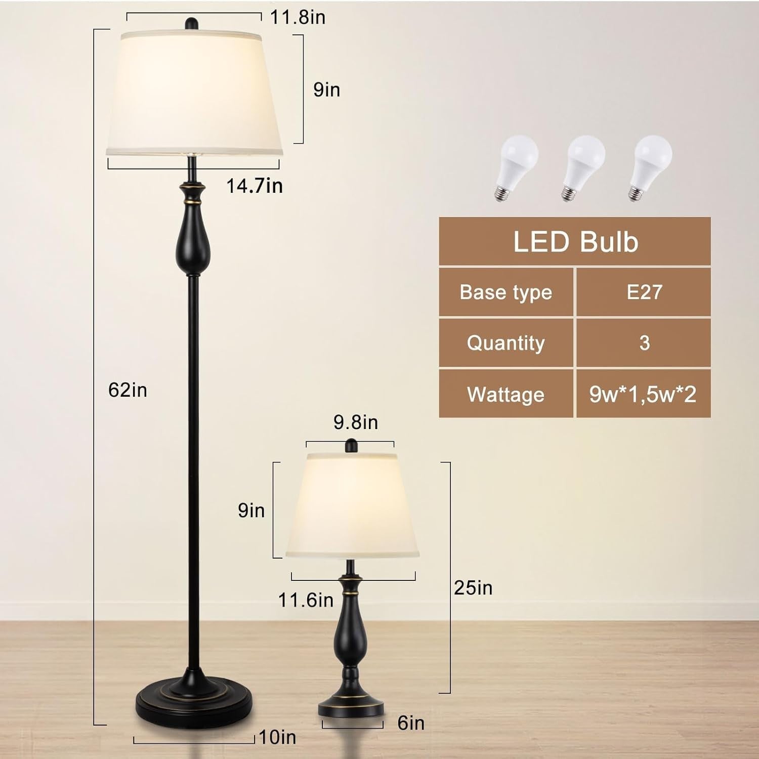 3-Piece Floor & Table Lamp Set with White Linen Shade, E27 Bulbs Included