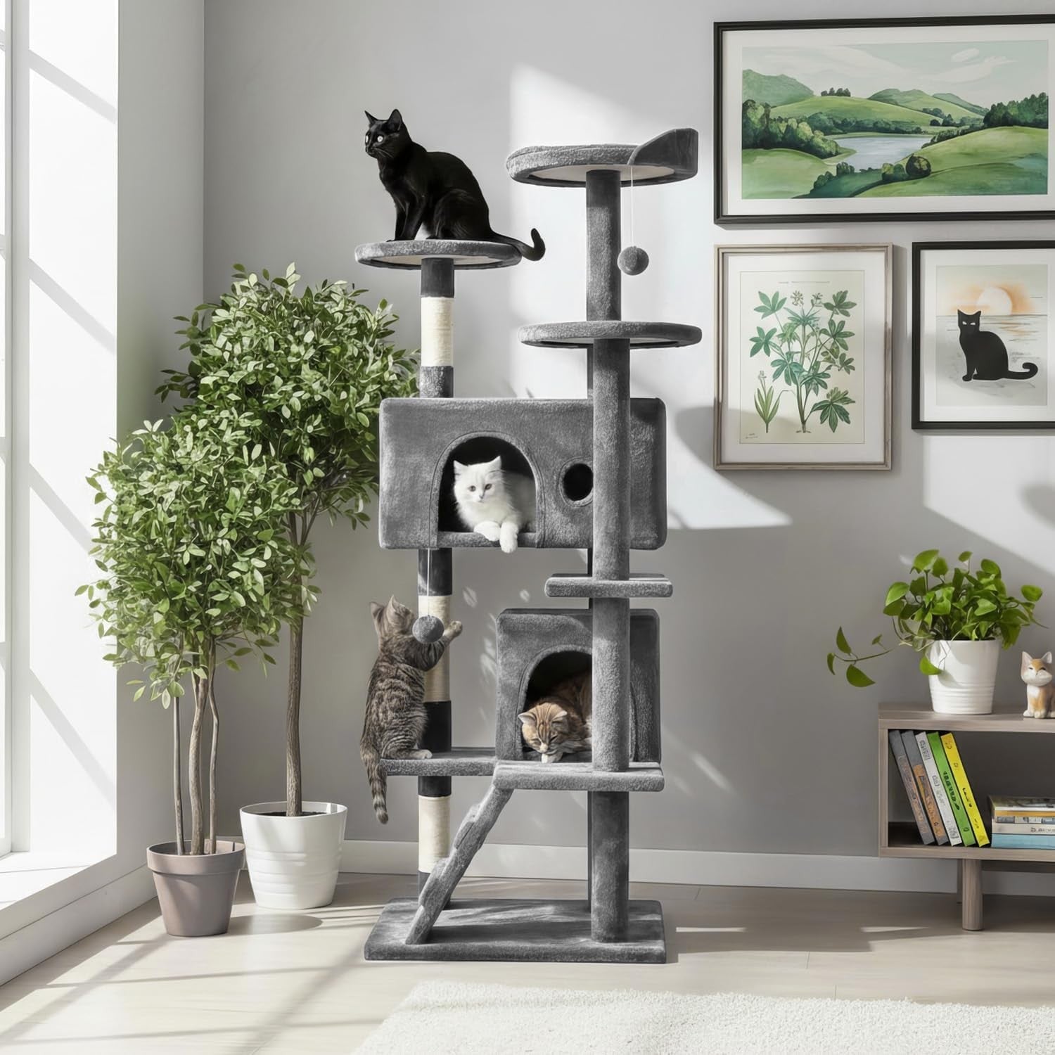 Light Grey Cat Tree Tower 139cm Multi Level with Condo Scratching Posts