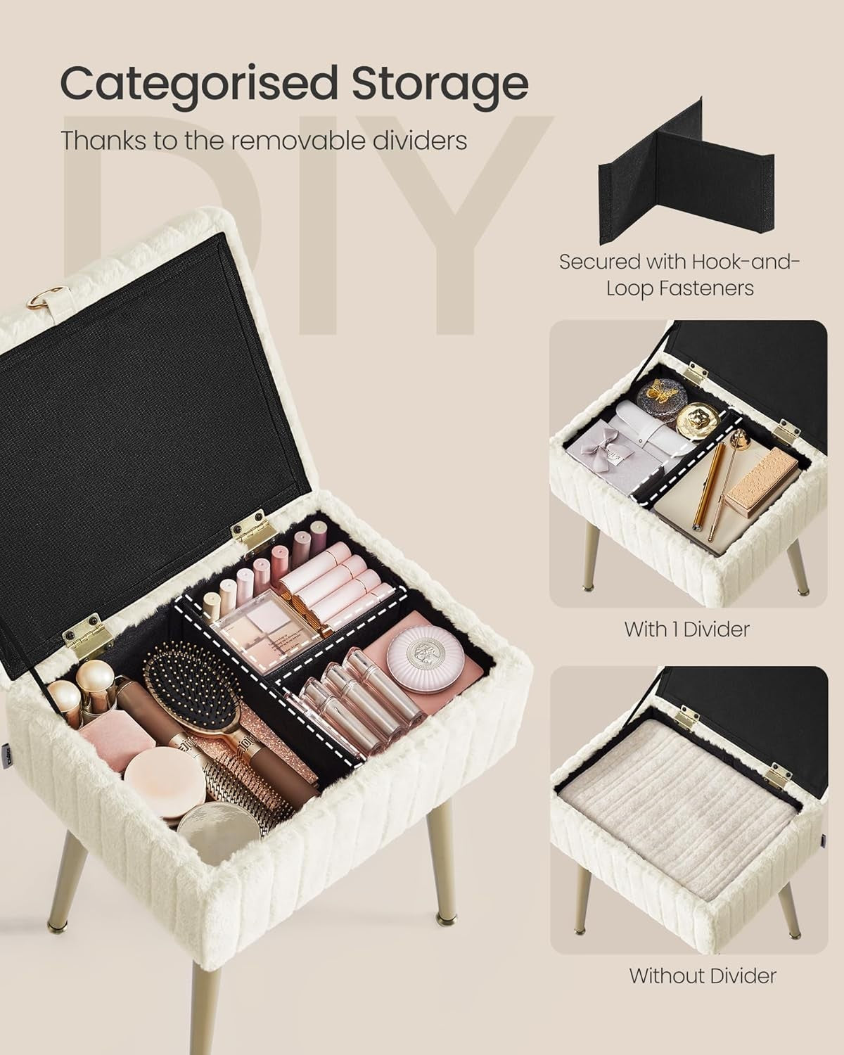 Cream White Vanity Stool with Storage Plush Seat Ottoman Rectangular Chair