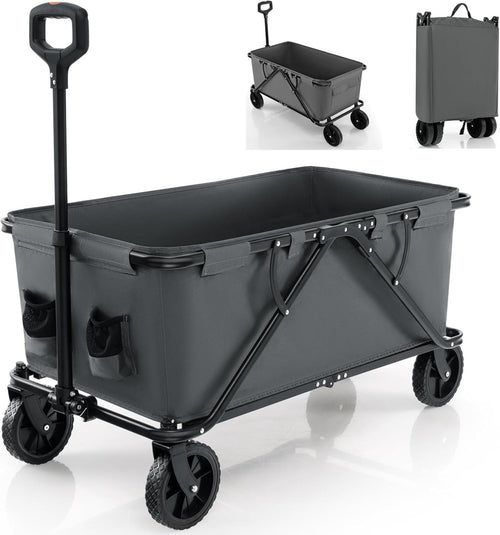 Grey Folding Garden Trolley Cart 170L Collapsible Wagon w/ Adjustable Handle