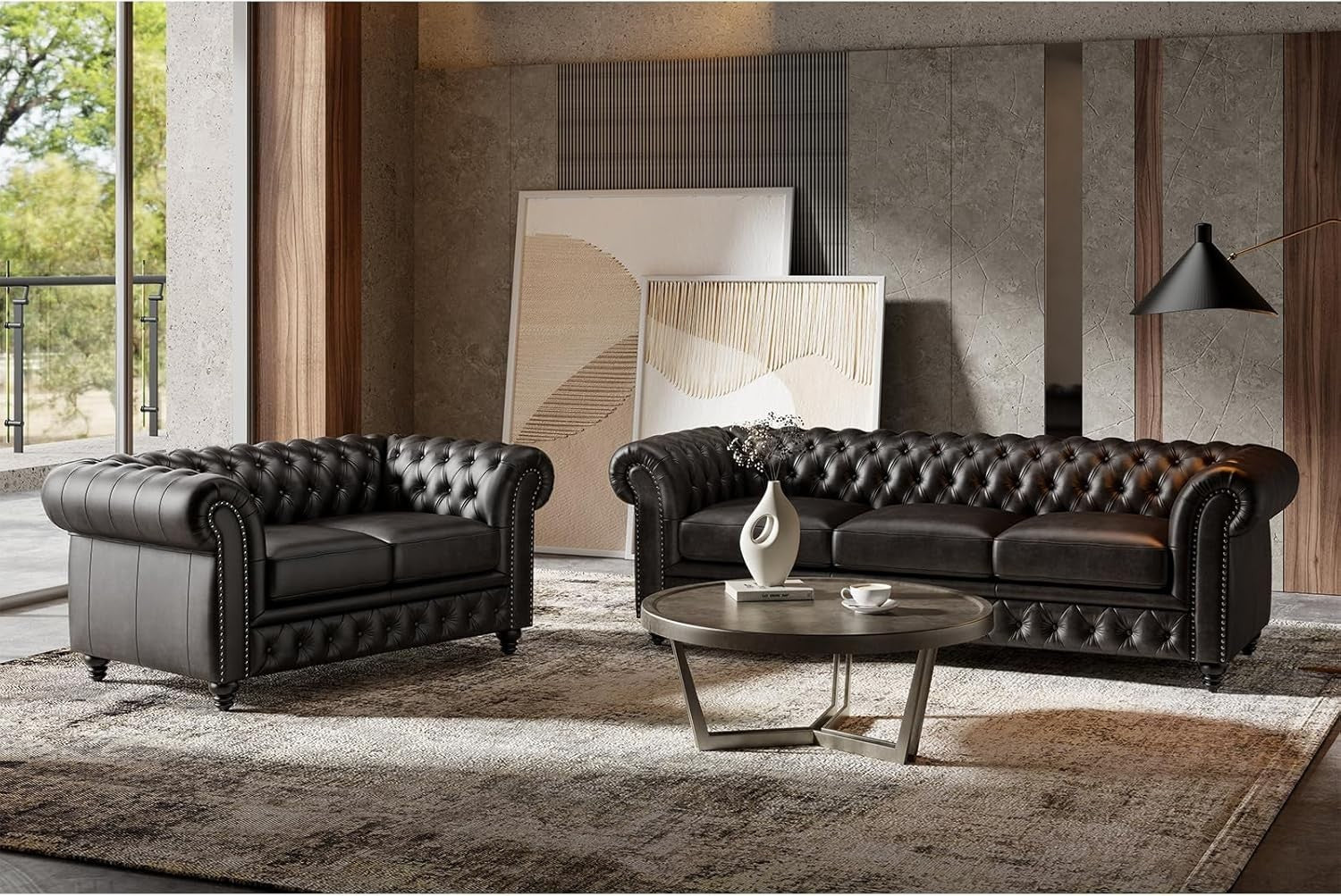 92" Chesterfield Full-Aniline Leather Sofa 3 Seater Classic Black Couch