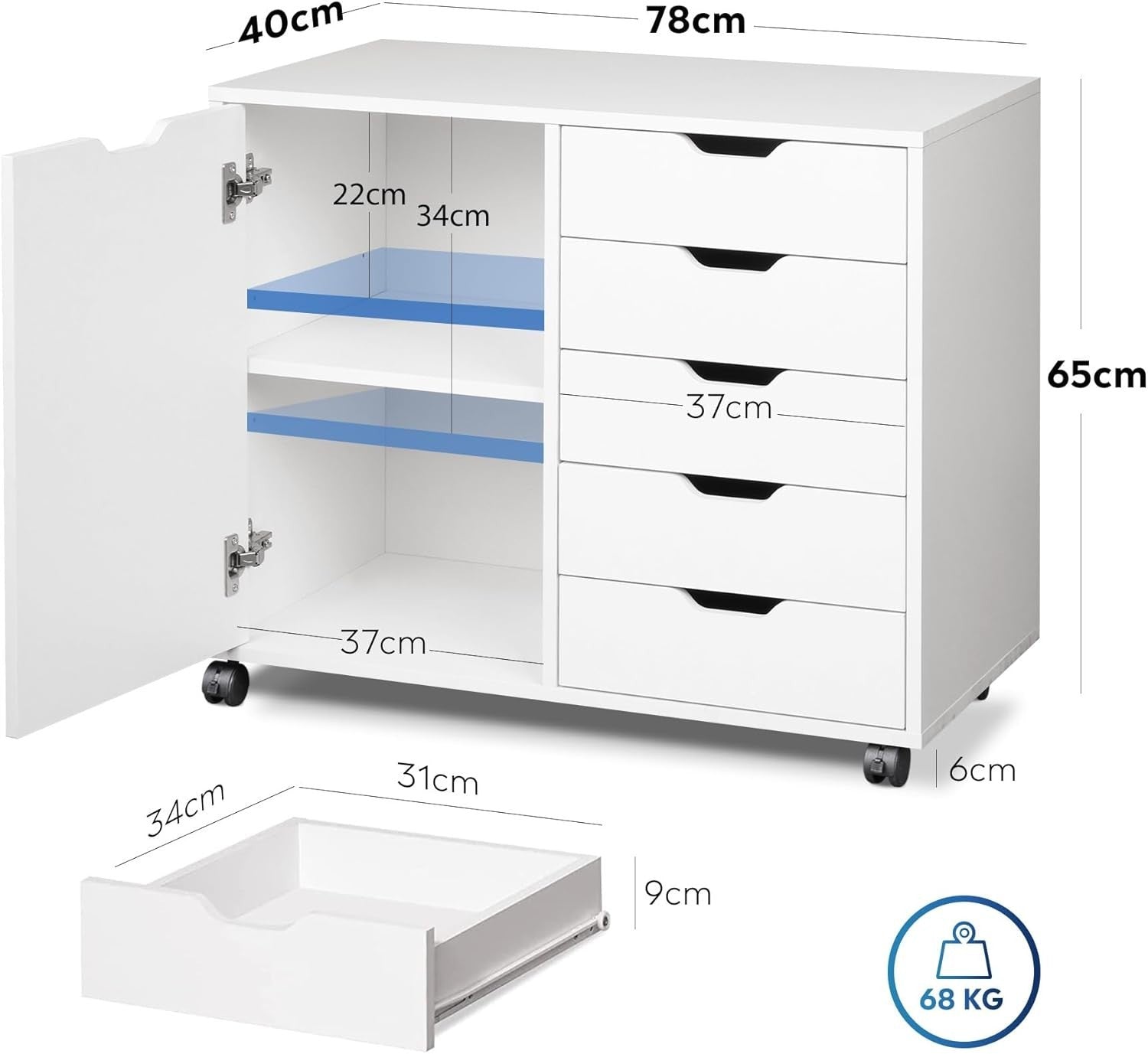 White 5 Drawer Mobile File Cabinet 78x40x65cm Printer Stand