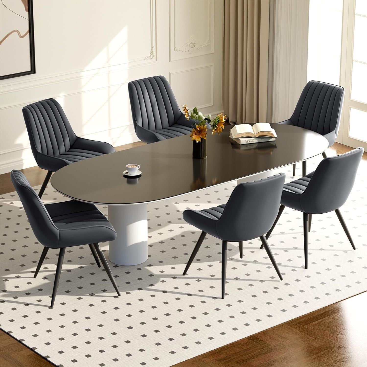 Set of 4 Grey Fabric Dining Chairs | Upholstered Modern Metal Leg Seats