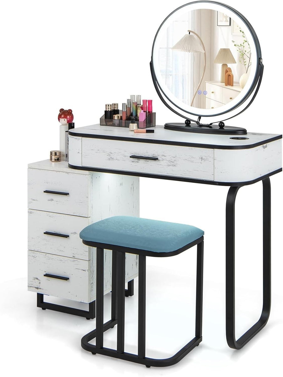 Vanity Makeup Dressing Table Set with Lighted Mirror Stool 3-Drawer Charger