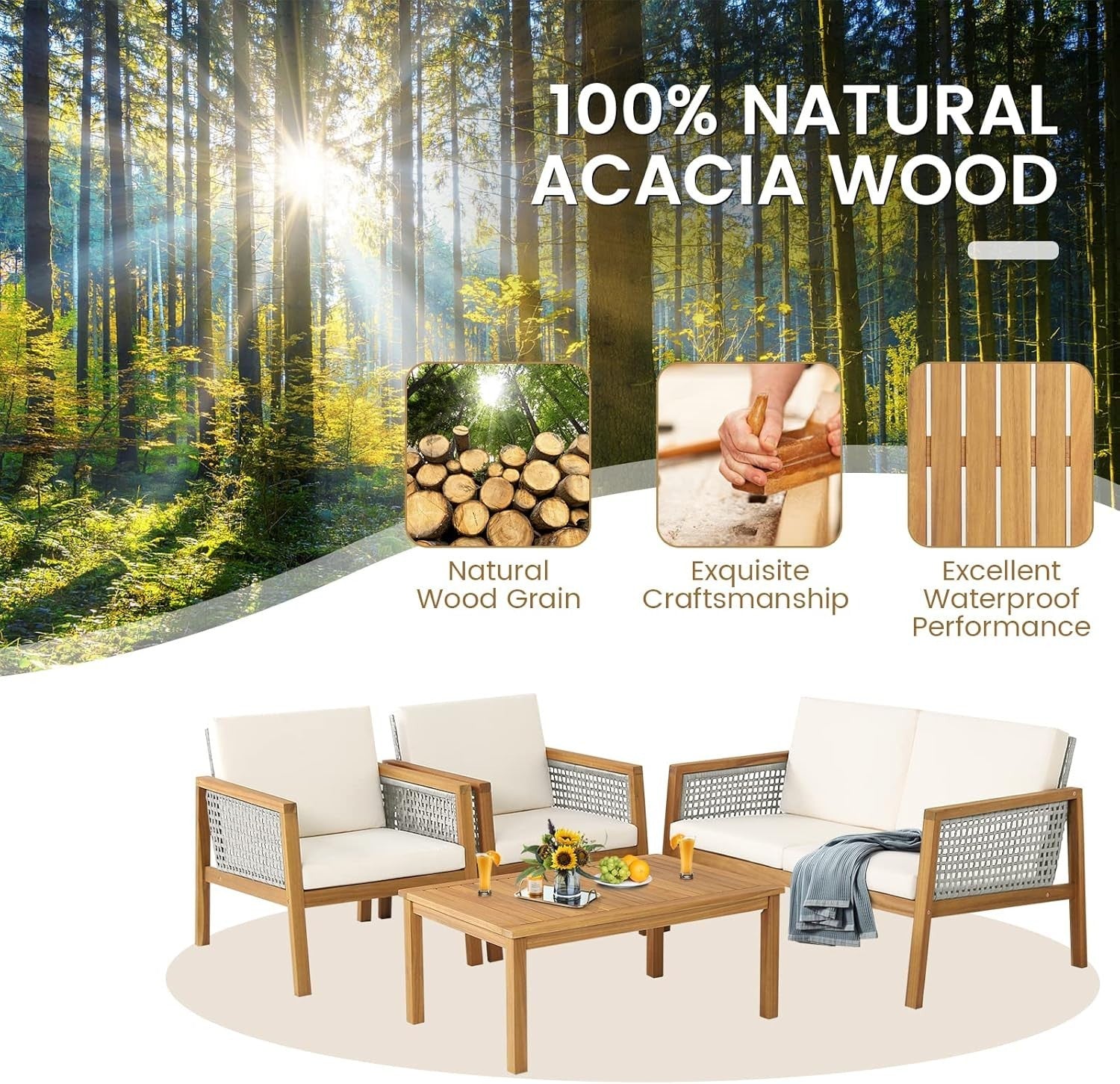 4PC Acacia Rattan Garden Sofa Set Outdoor Patio Seating w/ Table
