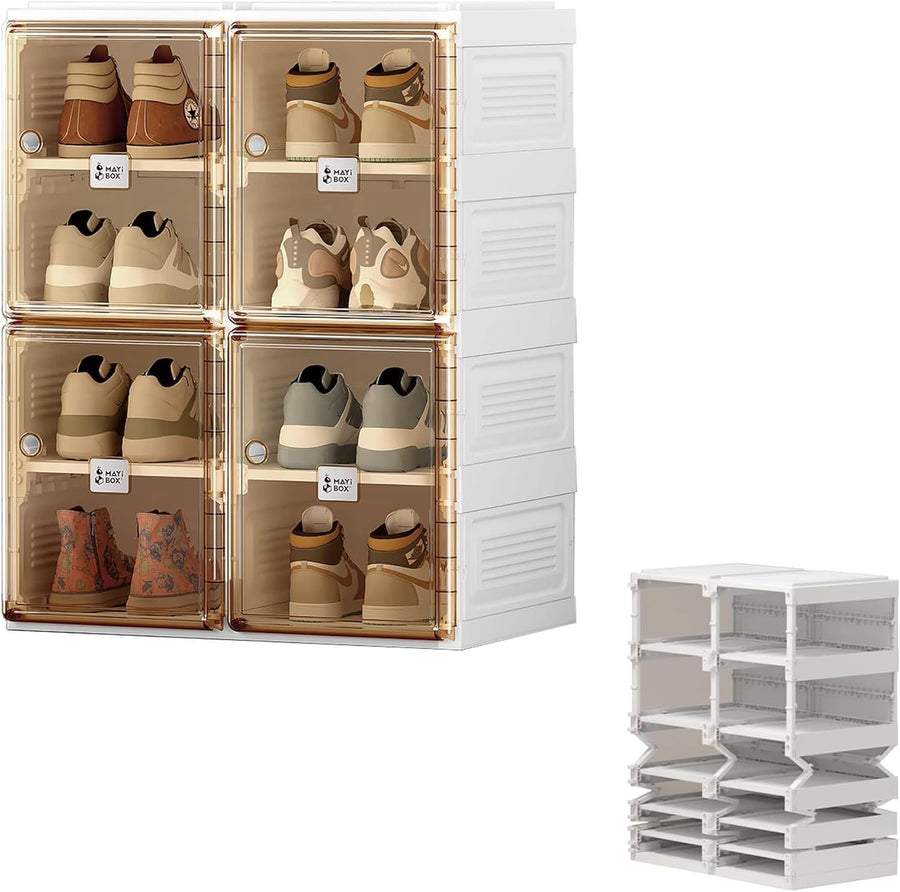Stackable Shoe Storage Cabinet 2x4 Layer Magnetic Door Foldable Brown