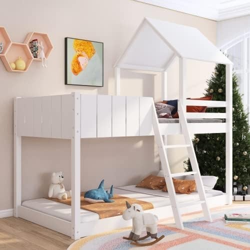 Solid Pine Wood Cabin Bunk Bed with Ladder & Guard Rail, Twin 90x190cm