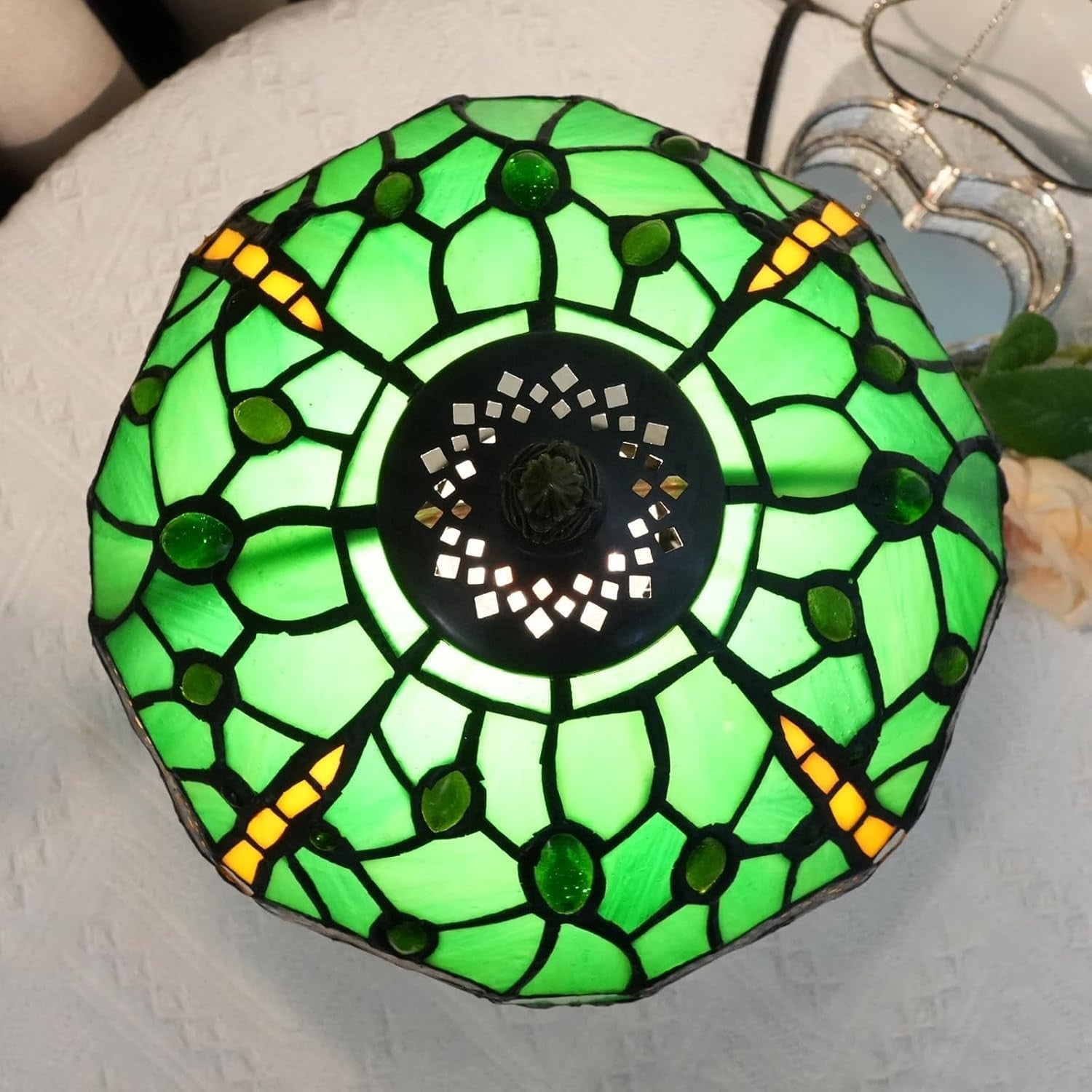 Green Dragonfly Stained Glass Table Lamp 8x14 Inch Bedside Light