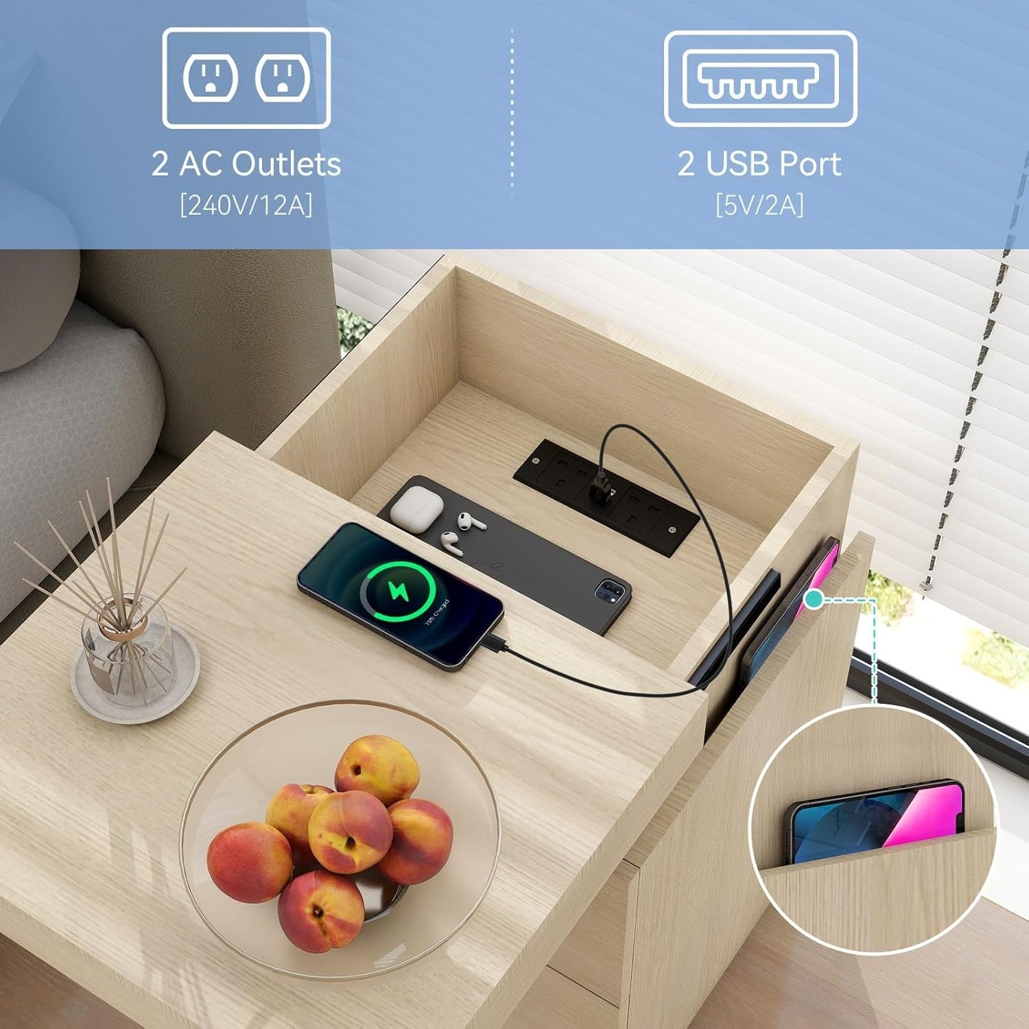 Modern Oak LED Bedside Table with USB Charging, 2 Drawers & Sliding Top Cabinet