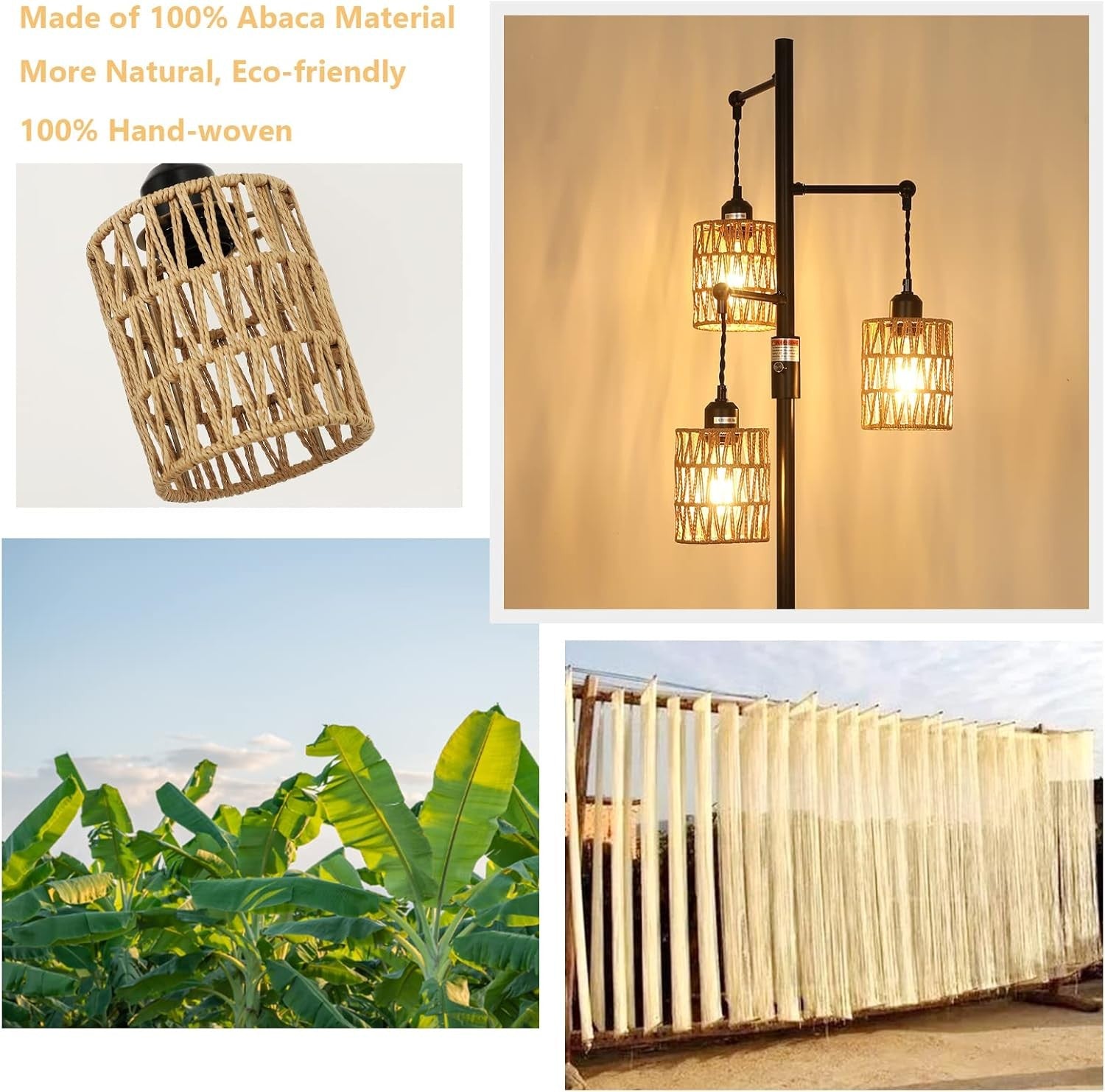Dimmable Rattan Floor Lamp 3 Light Boho Tall Standing Lamp Stepless Dimmer