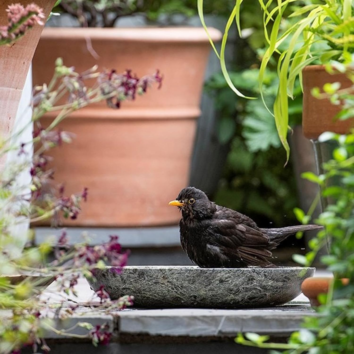 30cm Green Marble Bird Bath | Polished Garden Bowl for Birds & Bees
