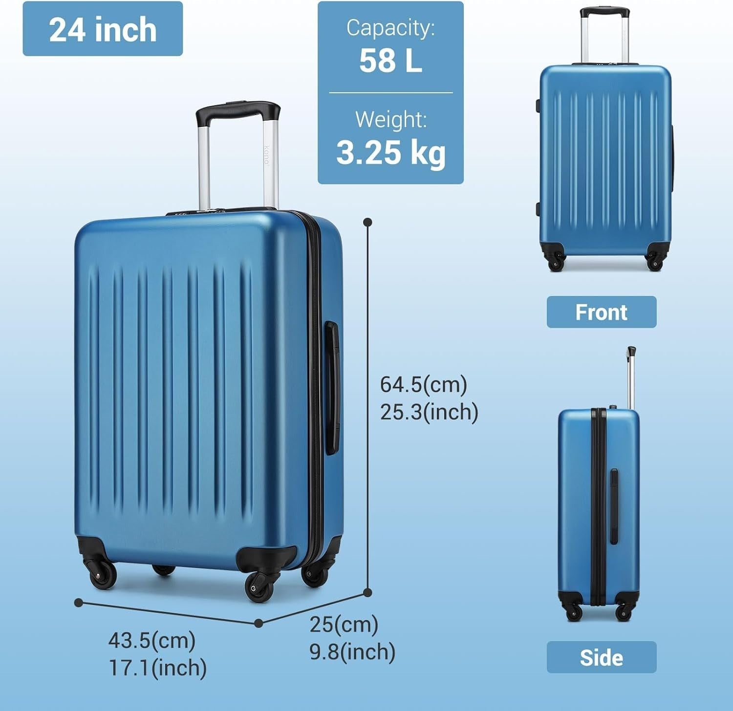 24'' Navy Medium Check In Suitcase ABS PC Hard Shell 4 Spinner Wheels 58L