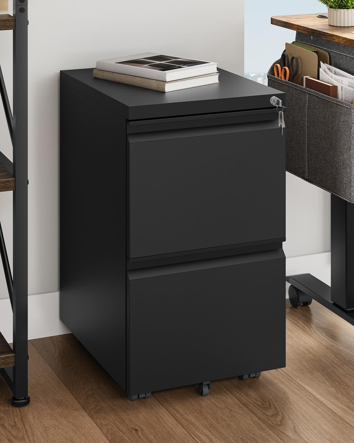 Black Mobile Filing Cabinet 2 Drawer Locking Metal Office Storage 71cm