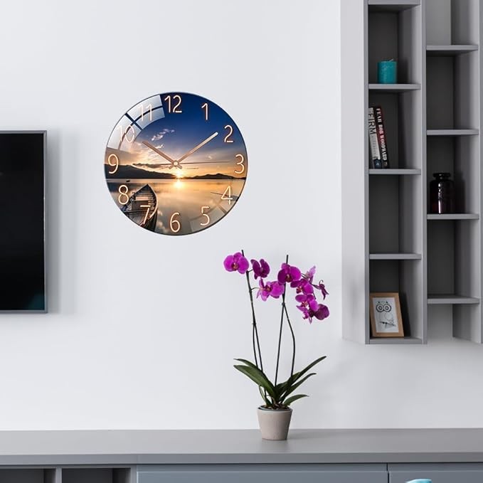 Sunset Blue Glass Wall Clock 12” Silent Non-Ticking Modern Round Home Decor