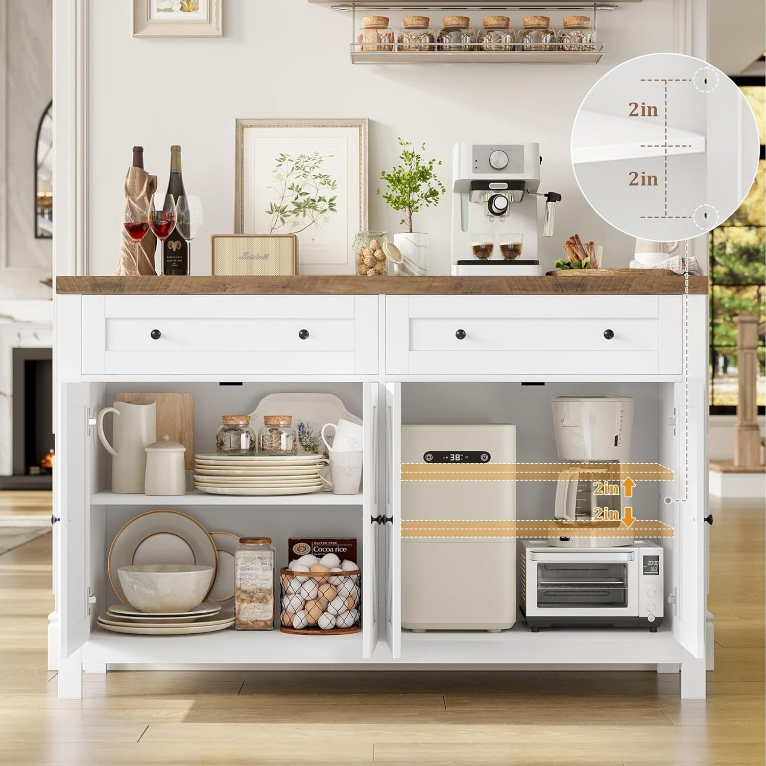 Modern White Sideboard with Adjustable Shelf 2 Drawers 4 Compartments