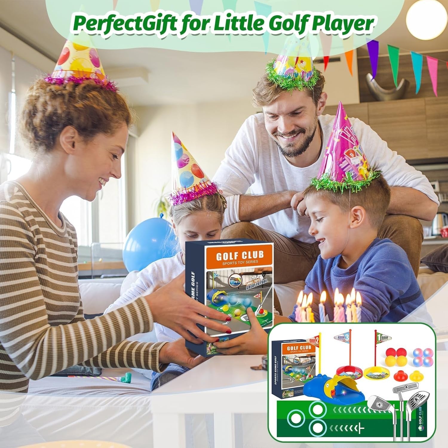 Kids Golf Set w/ Automatic Ball Return, Putting Mat & Clubs Indoor Outdoor