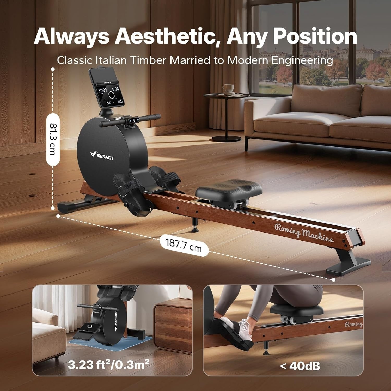 Self-Generated Rowing Machine 60kg Peak Resistance Dual Wooden Rail LED Smart