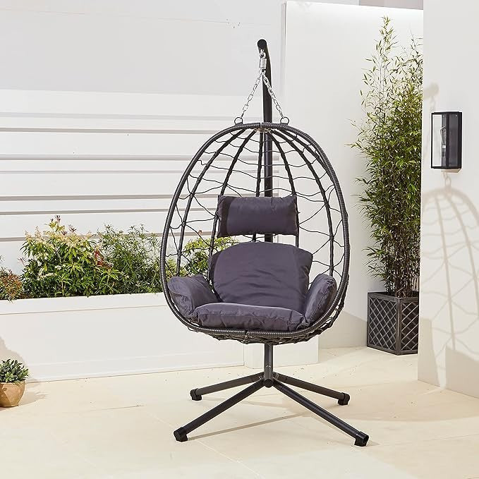 Rattan Egg Chair Swing Hammock w/ Cushions – Foldable, 130KG Max, Indoor Outdoor