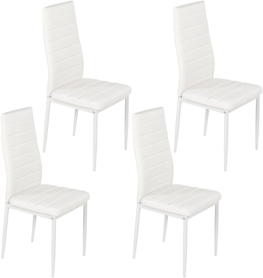 Rectangular Glass Dining Table with 4 White PU Leather High-Back Chairs